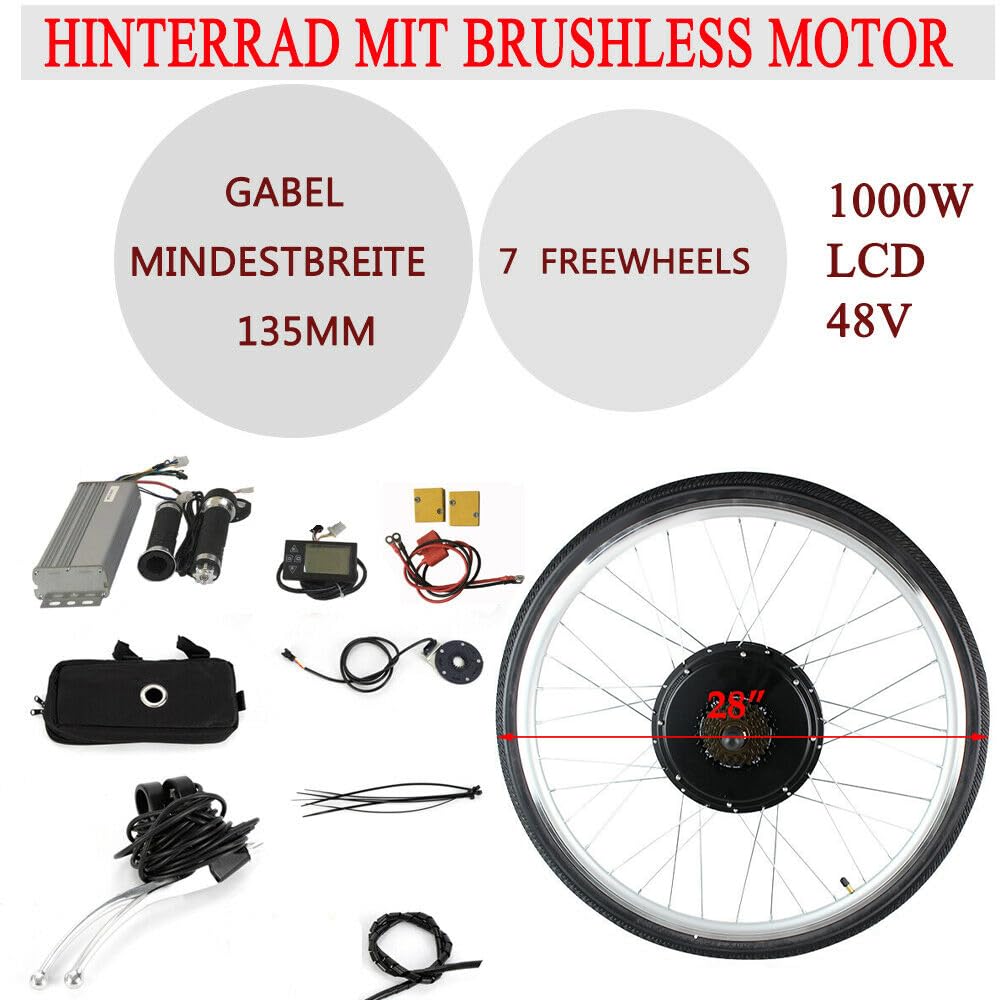 Frederimo E-Bike Umbausatz mit LCD Display, 28 Zoll Elektro-Fahrrad E-Bike Conversion Kit 48V 1000W Motor Elektrofahrrad Umbausatz für Hinterrad