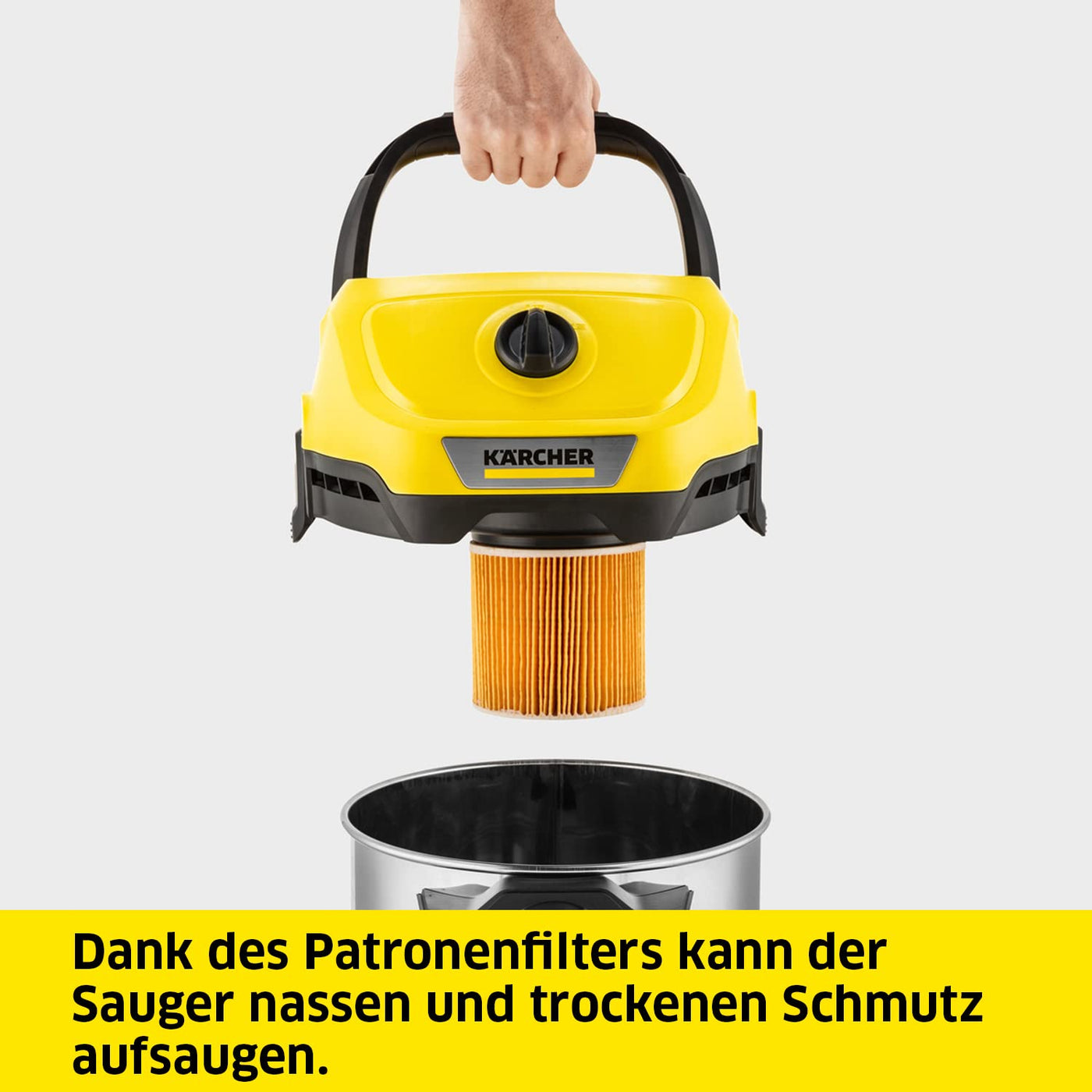 Kärcher Nass-/Trockensauger WD 3 S V-17/4/20, inkl. Patronenfilter, Vliesfilterbeutel, 1.000 W, 2 m und Schlauchaufbewahrung, Blasfunktion, Boden- und Fugendüse, Schwarz, Gelb