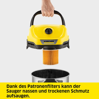 Kärcher Nass-/Trockensauger WD 3 S V-17/4/20, inkl. Patronenfilter, Vliesfilterbeutel, 1.000 W, 2 m und Schlauchaufbewahrung, Blasfunktion, Boden- und Fugendüse, Schwarz, Gelb