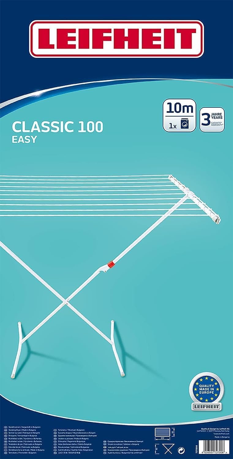 Leifheit Standtrockner Classic 100 Easy, schmaler Wäscheständer mit 10 m Trockenlänge für 1 Waschmaschineneladung, standfester Trockenständer mit Kindersicherung und Fußkappen, Wäscheständer