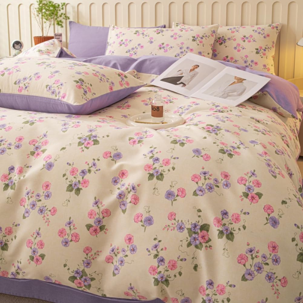 Nayoroom Bettwäsche 140x200 Lila Beige Violett Blumen Blümchen Floral Wende Bettwäsche Set Microfaser 2teilig, Aesthetic Mädchen Geblümt Bettbezug und 1 Kissenbezug 70x90 cm mit Reißverschluss