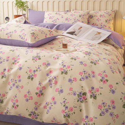 Nayoroom Bettwäsche 140x200 Lila Beige Violett Blumen Blümchen Floral Wende Bettwäsche Set Microfaser 2teilig, Aesthetic Mädchen Geblümt Bettbezug und 1 Kissenbezug 70x90 cm mit Reißverschluss