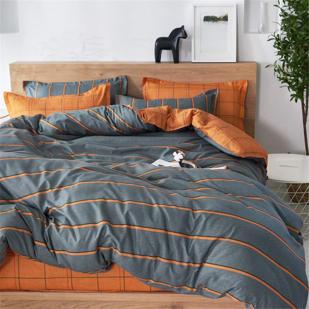 Treer Bettwäsche 180x220 cm 3 Teilig Mikrofaser, Bettwäsche-Sets mit 2 Kissenbezug 50x75 cm, Modern Streifen kariert Bettbezüge, Bettbezug für Doppelbett mit Reißverschluss, Orange/Grau