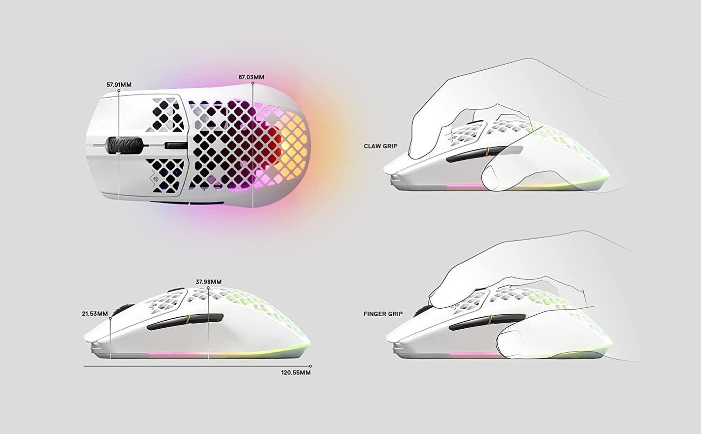 SteelSeries Aerox 3 Wireless - RGB Gaming-Mouse mit Öffnungen in der Oberfläche - Federleichtes, wasserabweisendes Design - Optischer TrueMove Air-Sensor mit 18.000 DPI - Snow