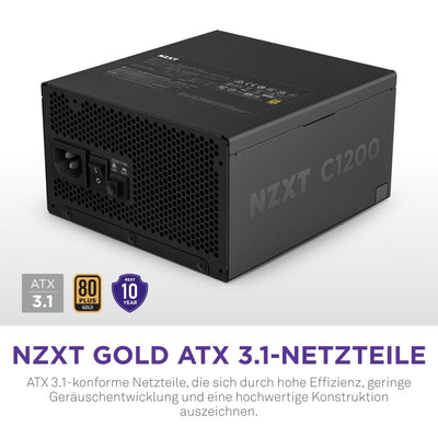 NZXT C1200 Gold ATX 3.1 - Vollständig modulares, geräuscharmes PC-Gaming-Netzteil - 1200 Watt - 80 PLUS Gold - 12V-2x6-Anschluss - Zero Fan-Modus - 100 % japanische Kondensatoren - Schwarz