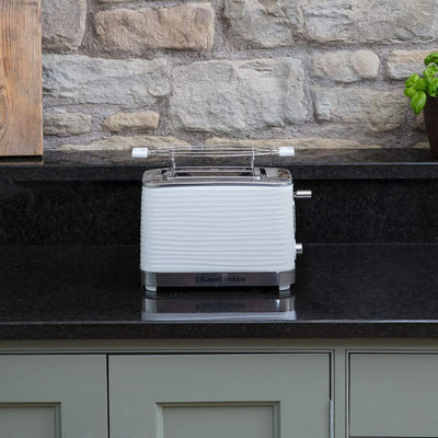 Russell Hobbs Toaster [für 2 Scheiben] Inspire Weiss mit hochwertiger Hochglanz-Struktur (extra breite Toastschlitze, inkl. Brötchenaufsatz, 6 Bräunungsstufen + Auftau- & Aufwärmfunktion) 24370-56