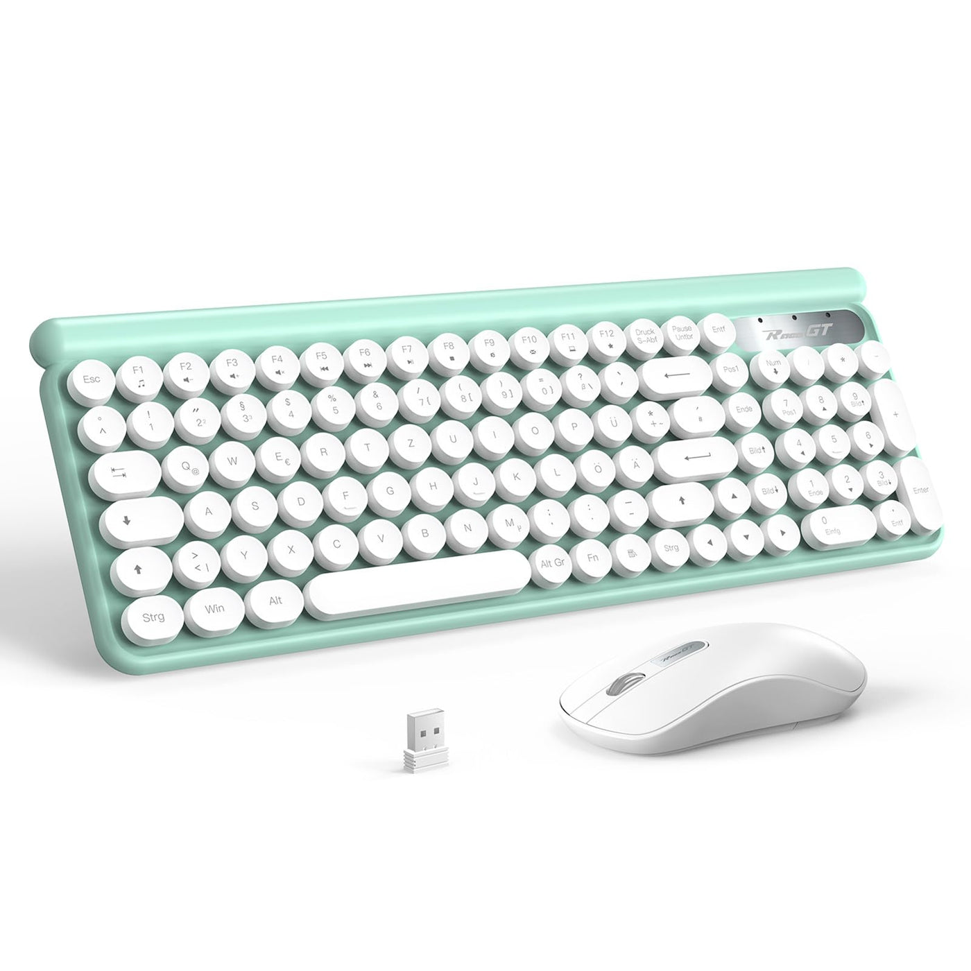 Tastatur Maus Set Kabellos,RaceGT Retro Schreibmaschine Tastatur Funktastatur mit Maus USB Grün Tastatur Bunt Maus und Tastatur Wireless Keyboard and Mouse QWERTZ Deutsch Layout