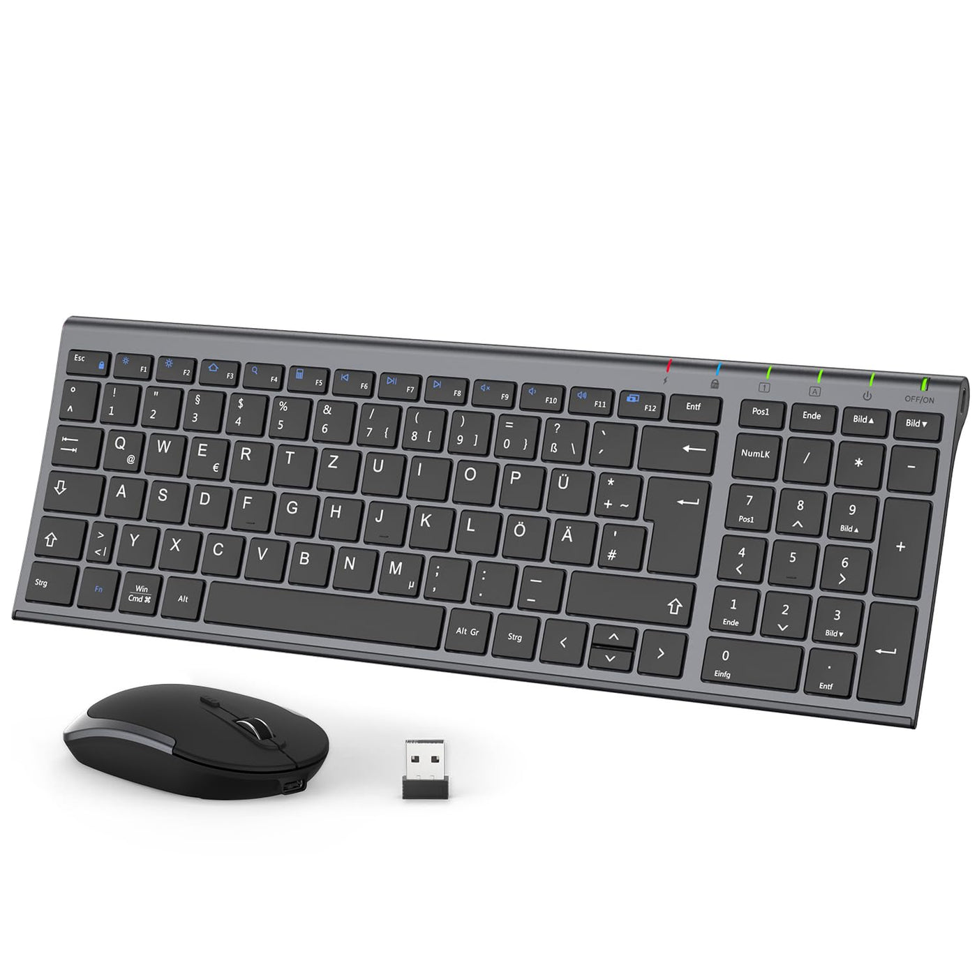 iClever GK03 2.4G Tastatur Maus Set Kabellos, Aluminium Wireless Slim Tastatur QWERTZ Layout (Deutsch), für Computer/Desktop/PC/Laptop/Oberfläsche/Windows 10/8/7/Vista/XP (2.4GHz, USB)