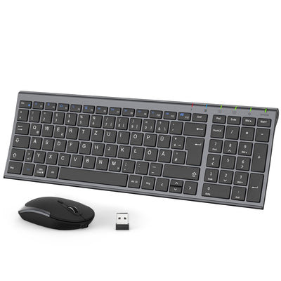 iClever GK03 2.4G Tastatur Maus Set Kabellos, Aluminium Wireless Slim Tastatur QWERTZ Layout (Deutsch), für Computer/Desktop/PC/Laptop/Oberfläsche/Windows 10/8/7/Vista/XP (2.4GHz, USB)