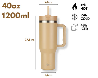 Milu Thermobecher 1200ml mit Strohhalm und Henkel – 48h Eis/24h kalt/12h heiß Edelstahl Tumbler 40oz mit Griff - Isolierbecher to go - Isolierflasche Trinkflasche doppelwandig isoliert (Braun, 1,2L)