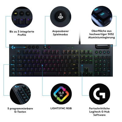 Logitech G815 mechanische Gaming-Tastatur, Taktiler GL-Tasten-Switch mit flachem Profil, LIGHTSYNC RGB, 5 Programmierbare G-Tasten, Multimedia-Bedienelemente, Deutsches QWERTZ-Layout - Carbon
