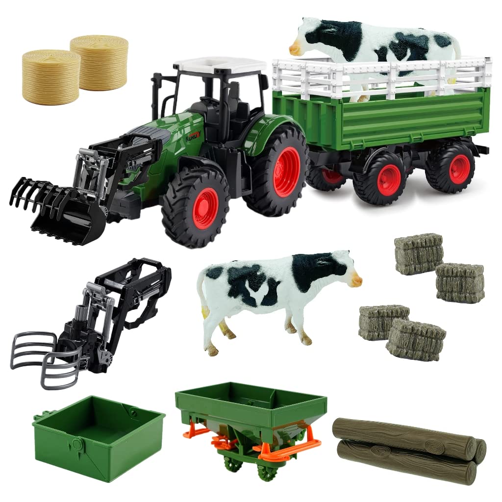 Hyrenee Farm Traktor Fahrzeuge Traktor Anhänger mit Greifer Round Bale Frontloade Tipping Anhänger Dünger Spreader mit Milch Kuh Ballen Farming Spielzeug Spielset für Jungen Kinder Kleinkinder