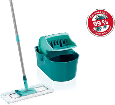 Leifheit Set Wischtuchpresse Profi Compact mit Bodenwischer und 3-teiligem Stiel, wie handgewrungen auspressbar, platzsparendes Wischset mit Mikrofaser Wischbezug für Fliesen und Laminat, Click-System