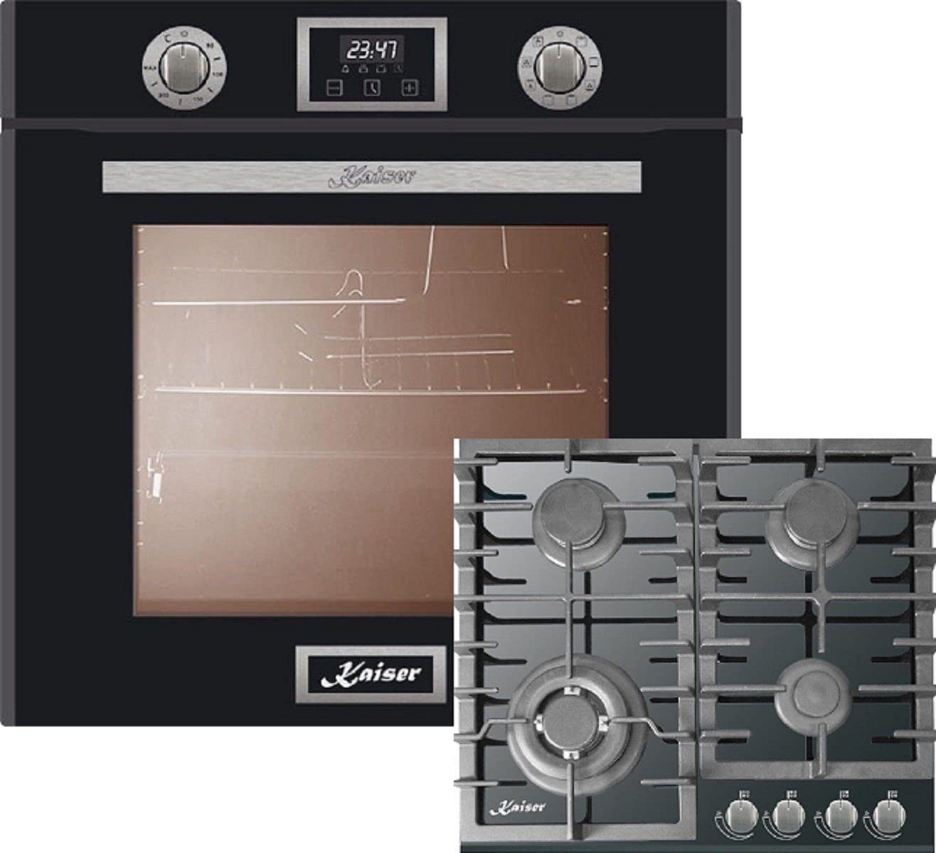 Kaiser Küchengeräte Gasherd-Set EH 6326 SP + KCG 6383, Einbau Elektro Backofen, Autark, 79L, 10 Funktionen + Einbau Gas- Kochfeld 60cm, Schwarz Glas, WOK, Erdgas Propangas Fl. Gas