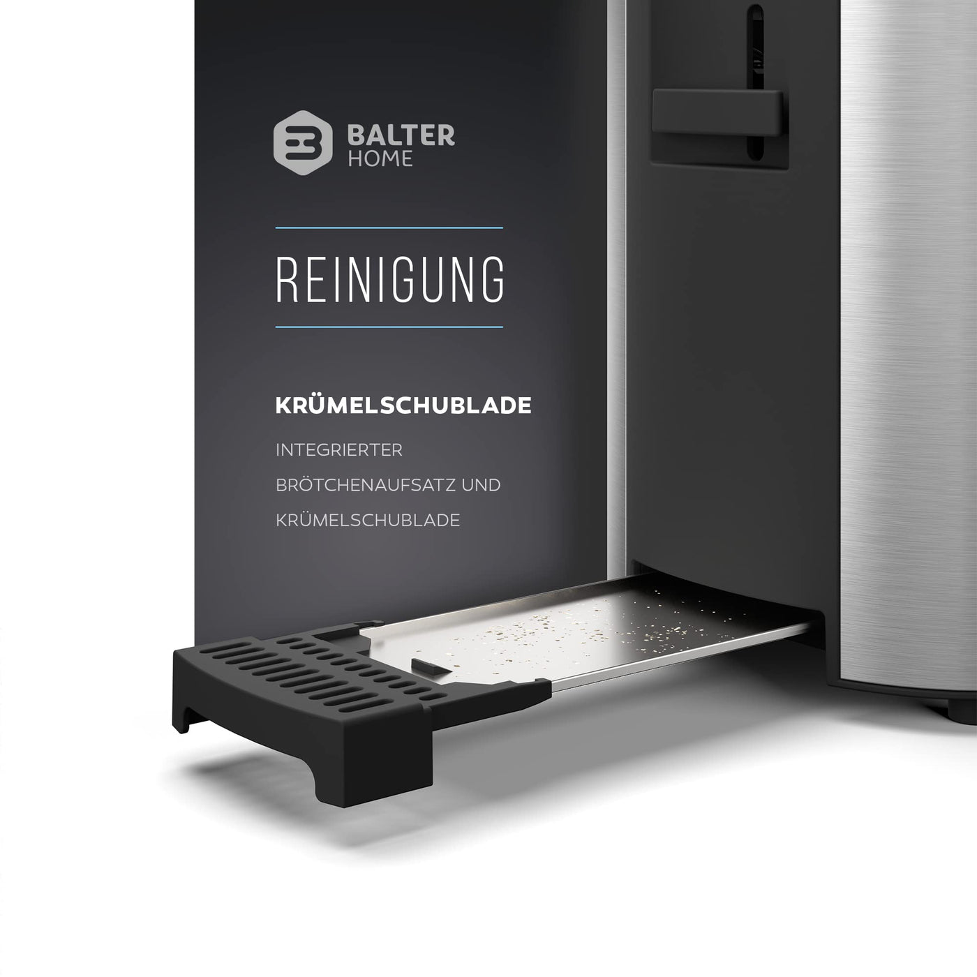 Balter Toaster 4 Scheiben, Langschlitz, Edelstahl, Brötchenaufsatz, LCD Display mit Restzeitanzeige, Auftaufunktion, Brotzentrierung, Krümelschublade, TS-04-LCD, Farbe: Silber