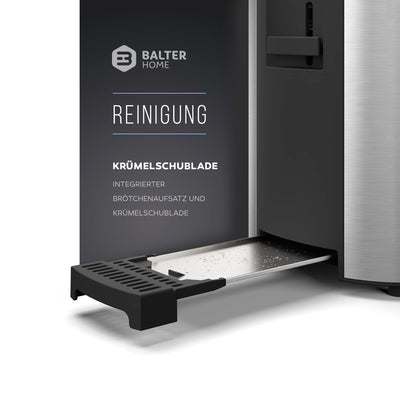 Balter Toaster 4 Scheiben, Langschlitz, Edelstahl, Brötchenaufsatz, LCD Display mit Restzeitanzeige, Auftaufunktion, Brotzentrierung, Krümelschublade, TS-04-LCD, Farbe: Silber