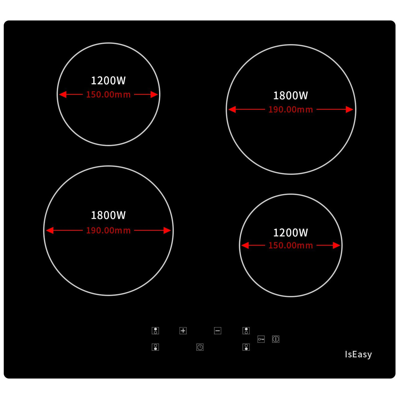 IsEasy Glaskeramikkochfeld, 6000W 59cm, 4 Kochzonen Kochfelder, Verdrahtung, Einbau Elektro Autark Rahmenlos, 9 Heizstufen, Passend für die Meisten Töpfe