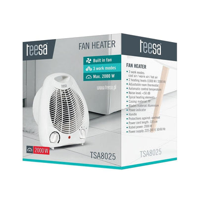 Teesa TSA8025 Heizlüfter 3 Funktionsmodi, 2 Heizstufen (1000W, 2000W), einstellbarer Thermostat, Überhitzungsschutz, weiß