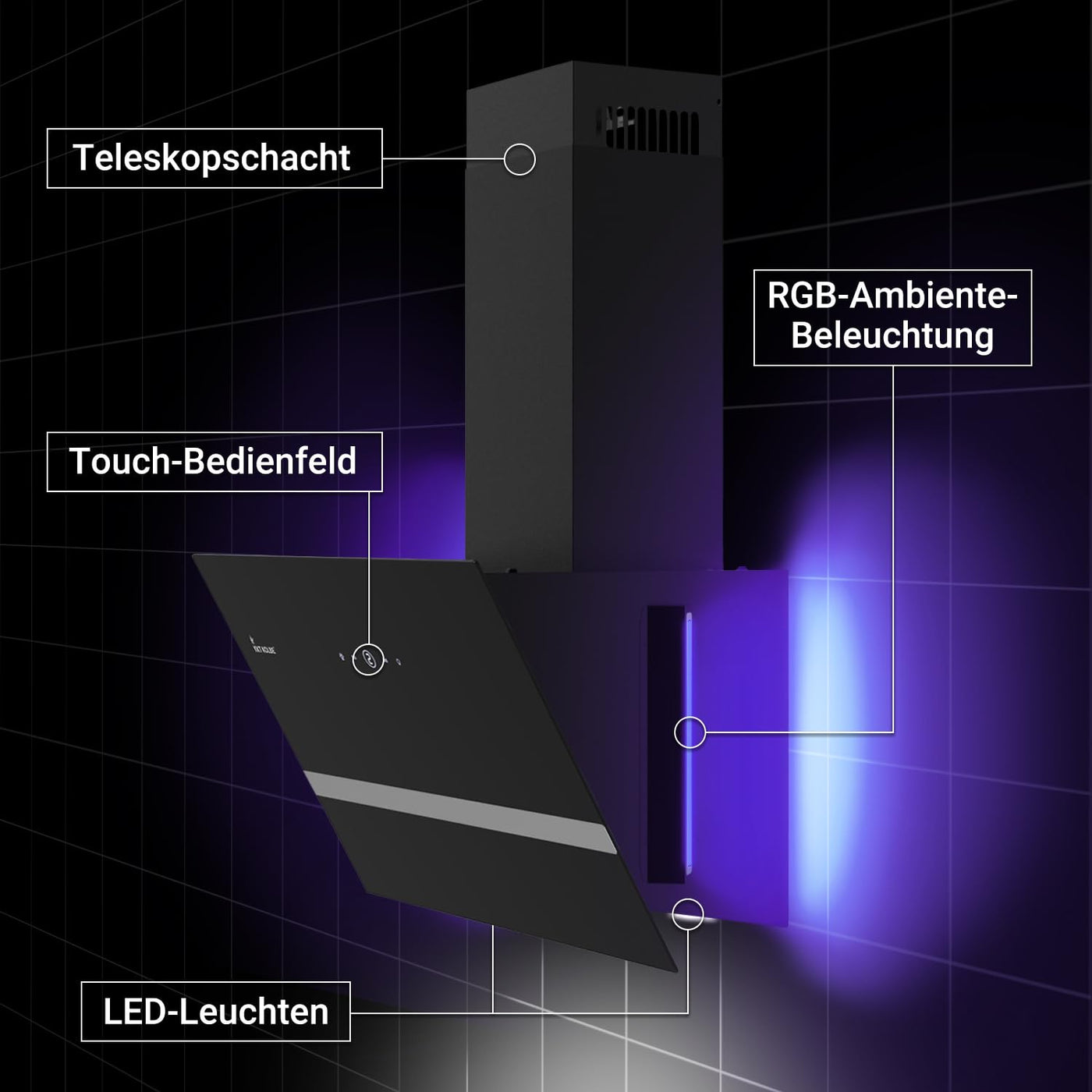 KKT KOLBE Dunstabzugshaube 60 cm | Umluft | Abluft | Kopffrei | Wandhaube | Edelstahl | Schwarz | Glas | Smart WiFi App | WLAN | RGBW-LED-Beleuchtung | EASY609SHCM