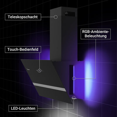 KKT KOLBE Dunstabzugshaube 60 cm | Umluft | Abluft | Kopffrei | Wandhaube | Edelstahl | Schwarz | Glas | Smart WiFi App | WLAN | RGBW-LED-Beleuchtung | EASY609SHCM