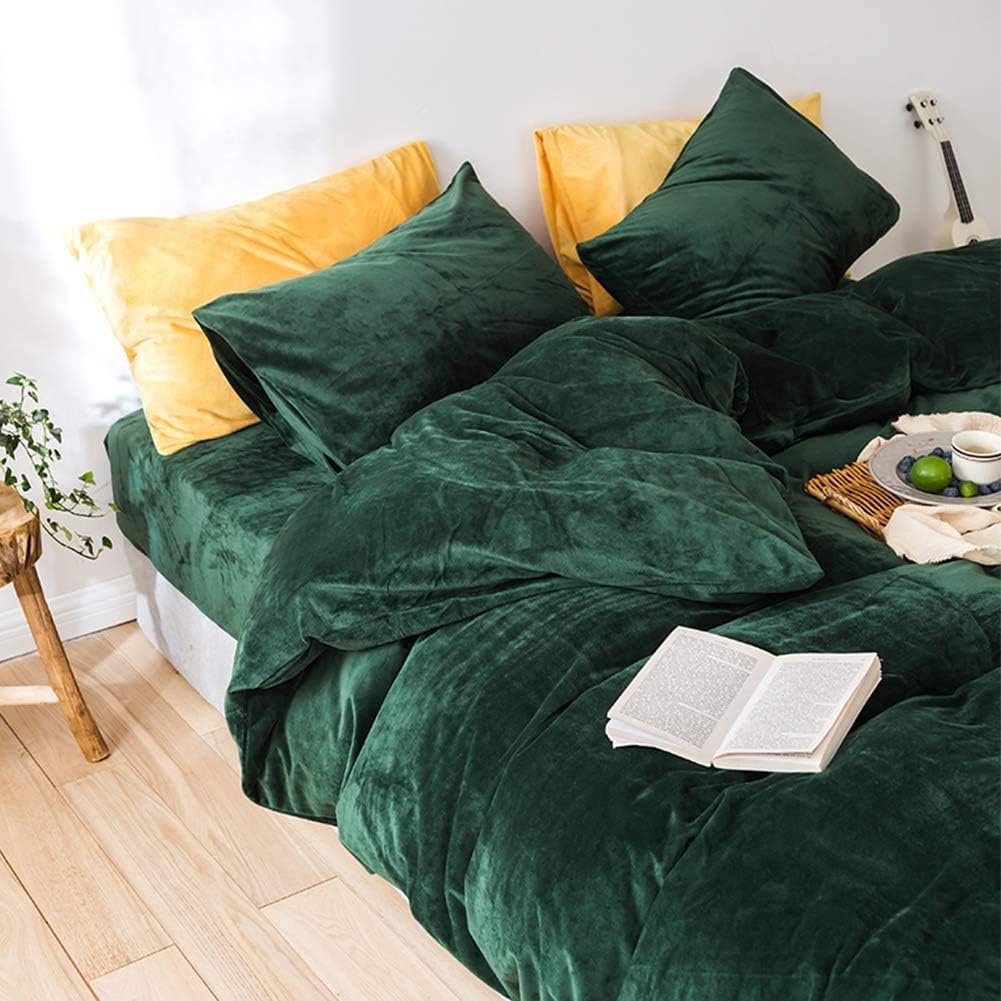 Lanqinglv Winter Bettwäsche 135x200cm Biber Dunkelgrün Grün Samtweichem Plüsch Flanell Unifarben Bettbezug mit Reißverschluss und 1 Kissenbezug 80x80cm