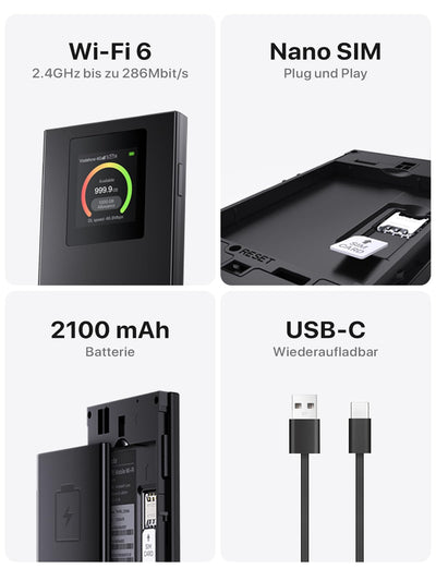 Tenda Mobiler WLAN Router mit LCD-Anzeige, Wi-Fi 6 Tragbarer Hotspot, 2100mAh Akku, USB-C-Port, Plug & Play, WPA3, 4G-Modem, MiFi, Mini-Größe, kompatibel mit entsperrter Nano-SIM-Karten, MF6