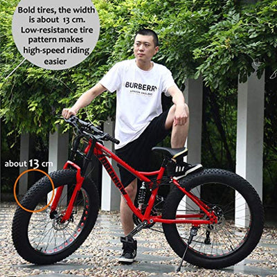 Mountainbike, 26 Zoll (66 cm), MJH-01, Erwachsene, Fat-Tyre-Mountain-Trail-Bike, 24-Gang-Fahrrad, Rahmen aus Karbonstahl, doppelte Vollfederung, doppelte Scheibenbremse, Orange/Cyan