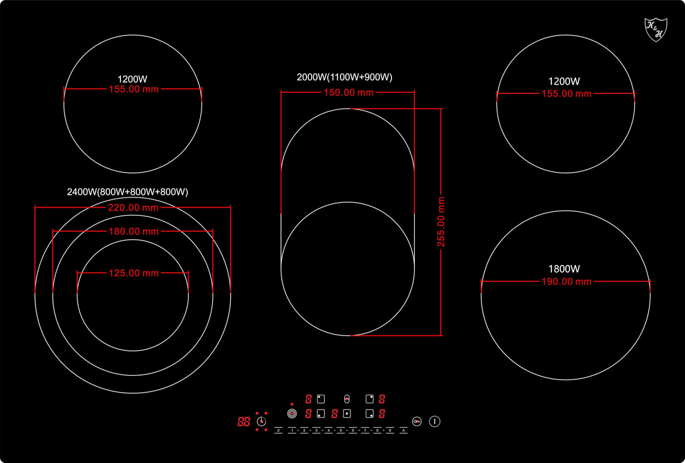 K&H 5 Zonen Glaskeramikkochfeld 77cm Elektro Autark Eingebaut NC-8608