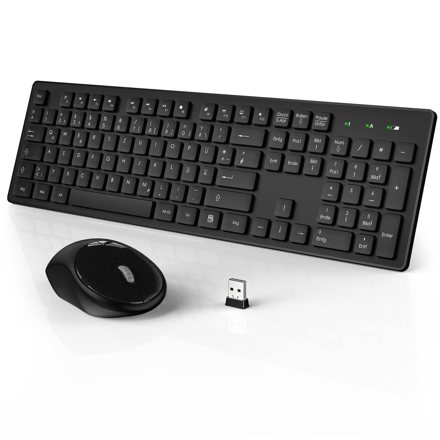 Tastatur Maus Kabellos, 2,4GHz Büro Maus Tastatur Set Kabellos mit USB, Tastatur in voller Größe, Leise Maus mit 1600DPI, für Windows, Desktop PC, Chromebook, Laptop, Computer(Deutsche/Schwarz)