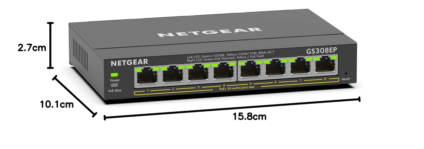 NETGEAR GS308EP PoE Switch 8 Port Gigabit Ethernet LAN Switch PoE+ 62W Plus (Managed Netzwerk Switch PoE mit IGMP Snooping, QoS, VLAN, lüfterloses Metallgehäuse), Schwarz