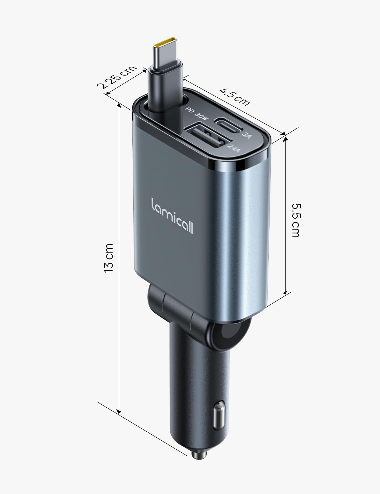 Lamicall 3 IN 1 Zigarettenanzünder USB C Auto Ladegerät -【2025 Super Kompakt】50W USB Adapter Auto Schnellladegerät mit einziehbare Typ-C Kabel/USB C/USB A, 24/12V KFZ Ladegerät Auto für iPhone/Samsung