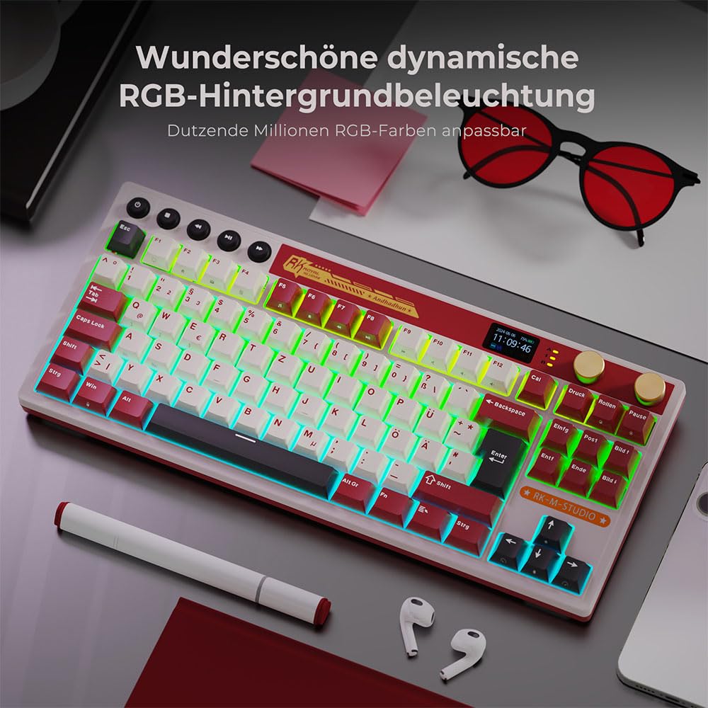 RK ROYAL KLUDGE M87 Mechanische Tastatur Kabellos mit Display und Doppelknopf, Gasket 75% Gaming Tastatur TKL, QWERTZ Bluetooth/2.4Ghz/USB-C RGB QMK/VIA, 7500 mAh, Hot Swap Linear Creamy Switches