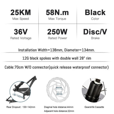 YOSE POWER 28" Ebike Umbausatz 36V 250W Heckmoter Elektrofahrrad Conversion Kit für Steckritzel Cassette mit Integrierte Controller Hailong 36V 18Ah Batterie