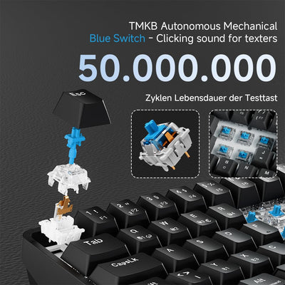 TMKB T68 Gaming Tastatur,60% Kabellos Mechanische RGB Tastatur mit Bluetooth/2.4G/Typ-C,Compact 68 Tasten Anti-Ghosting,Deutsches QWERTZ Layout,Blue Clicky Switch,Schwarz