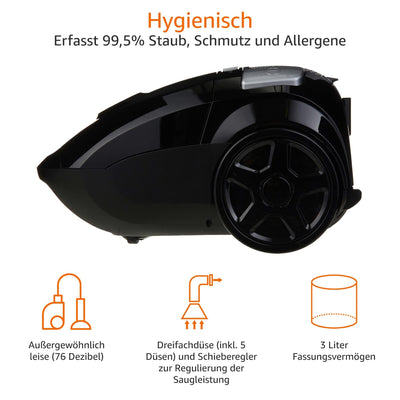 Amazon Basics Staubsauger mit Beutel, leistungsstark, für Hart- und Teppichböden, HEPA-Filter, mit Geschwindigkeitskontrolle, 700 W, 3.0 L, EU, Schwarz