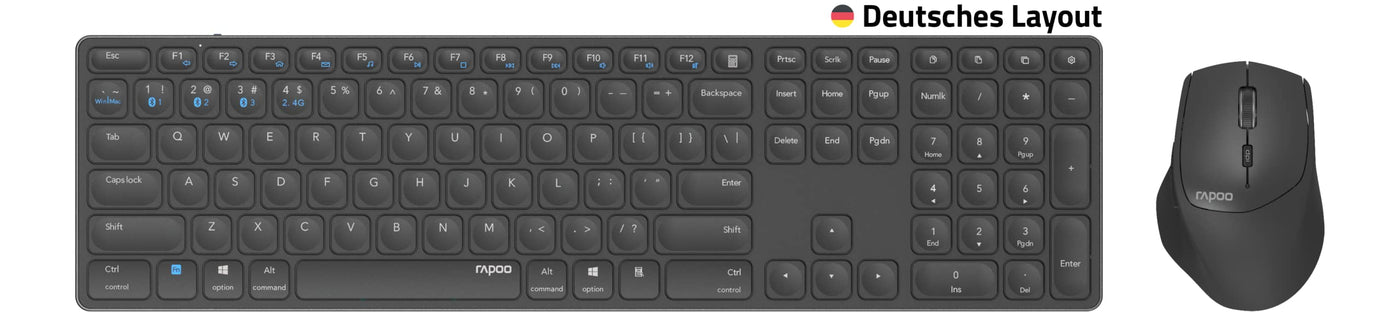 Rapoo 9800M kabelloses Tastatur-Maus Set Wireless Deskset 1600 DPI Sensor wiederaufladbarer Akku flaches Aluminium Design DE-Layout QWERTZ PC & Mac - dark grey