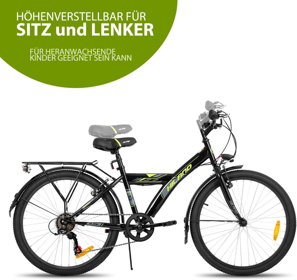 HILAND 24 Zoll Kinderfahrrad Mountainbike für Kinder Jungen Mädchen ab 7 8 9 10 11 Jahren mit 6 Gang Schaltung,Licht nach STVO, Ständer, Schwarz Fahrrad