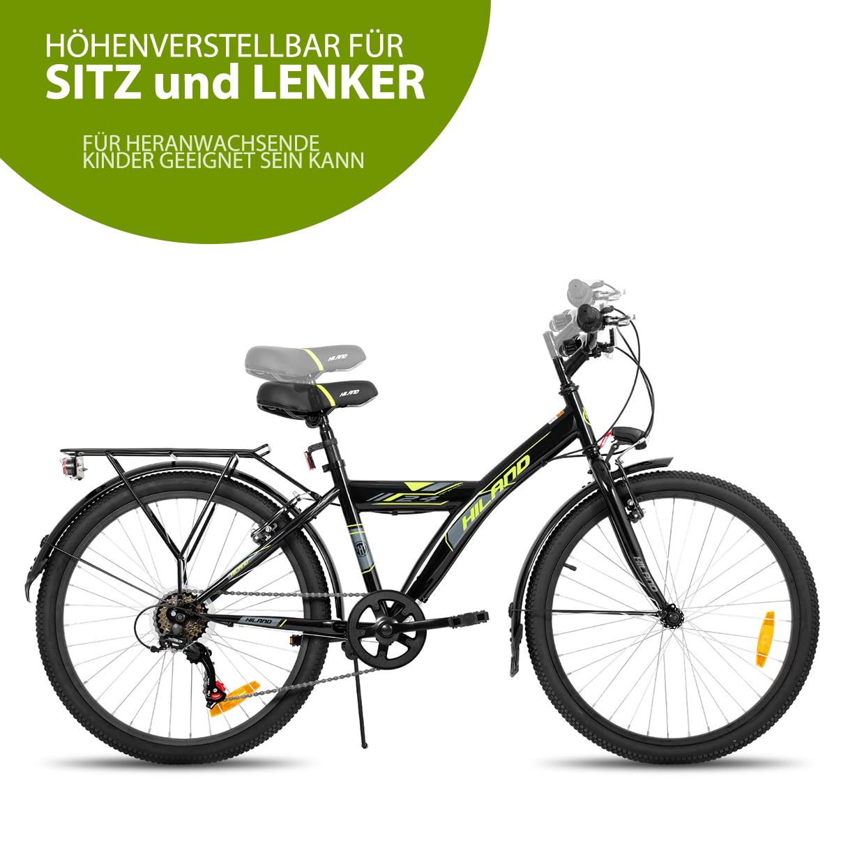 HILAND 24 Zoll Kinderfahrrad Mountainbike für Kinder Jungen Mädchen ab 7 8 9 10 11 Jahren mit 6 Gang Schaltung,Licht nach STVO, Ständer, Schwarz Fahrrad