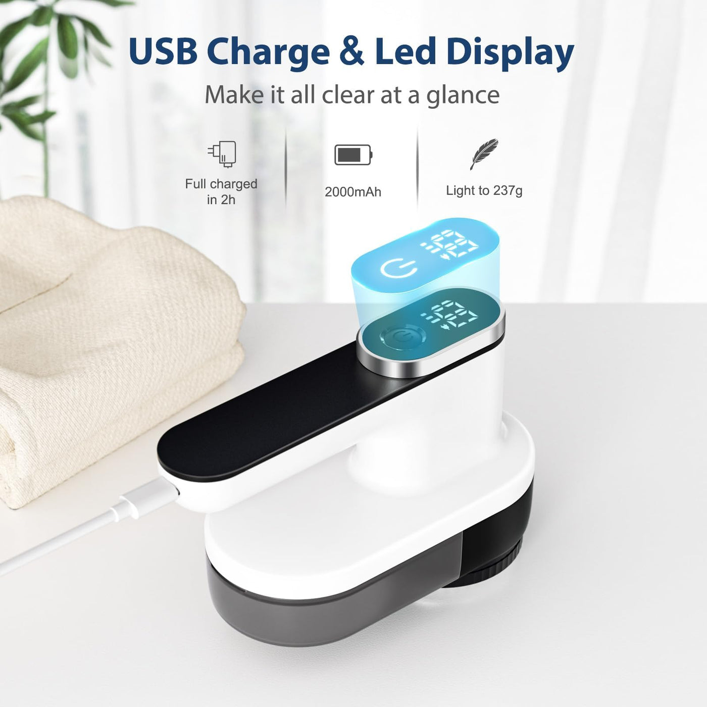 HAPPHOOH Fusselrasierer Elektrische, Fusselentferner USB Aufladbar, 3 Geschwindigkeiten einstellbar, LED anzeige, Entfussler Entfernt Knötchen für Kleidung, Sofa