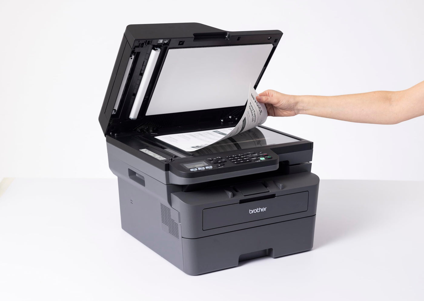 Brother MFC-L2827DW 4-in-1-Multifunktions-Laserdrucker, 32 ppm, Duplexdruck, 2-zeiliges LC-Display, Fast Ethernet, WLAN mit 5 GHz und USB 2.0