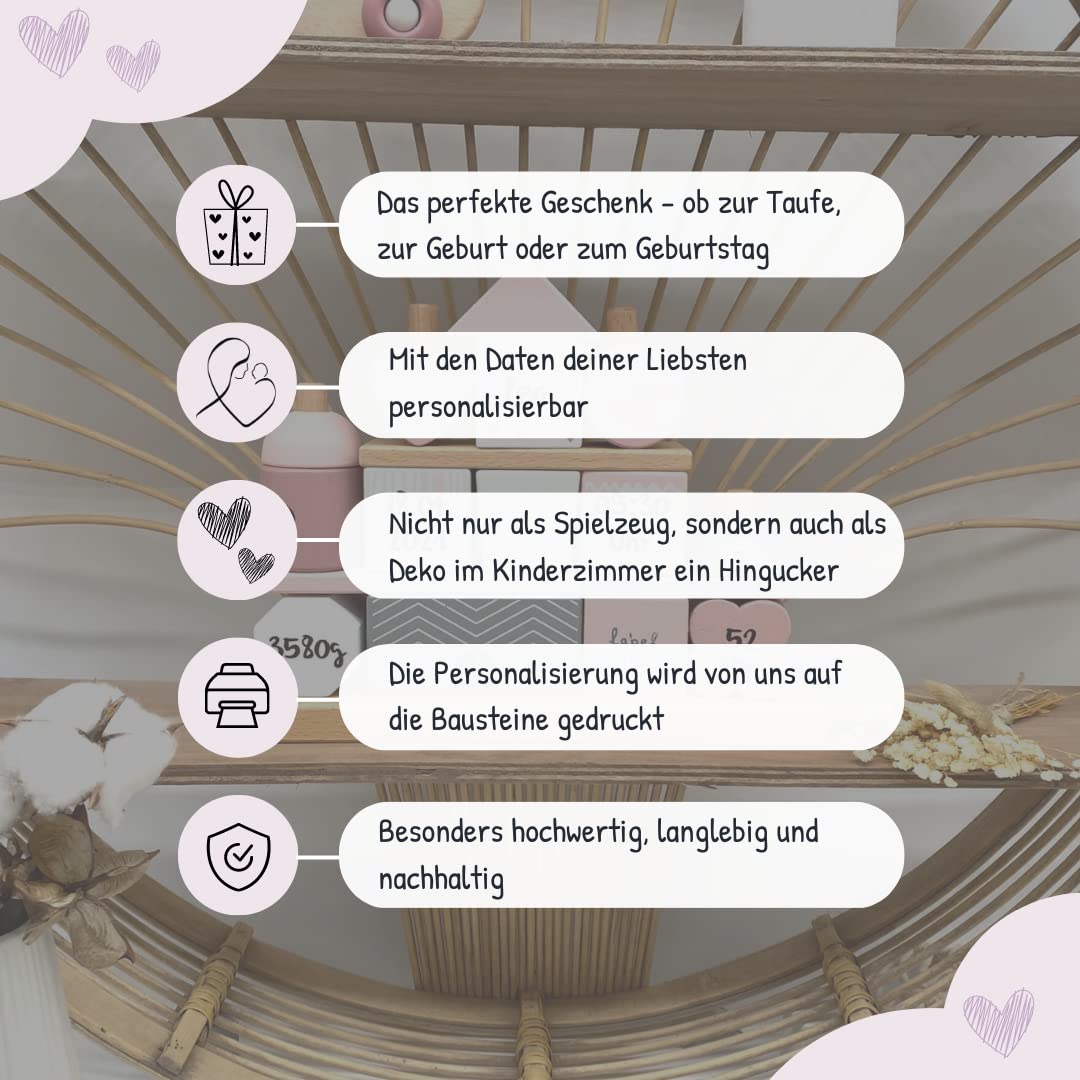 Steckspiel Haus rosa I Personalisierbares Geschenk zur Geburt Mädchen I Personalisierte Geschenke Baby I Motorikspielzeug bedruckt mit Name & Geburtsdaten