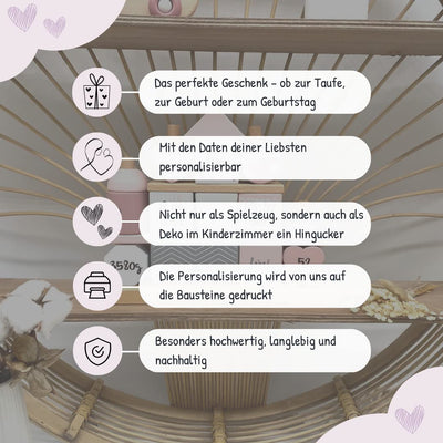 Steckspiel Haus rosa I Personalisierbares Geschenk zur Geburt Mädchen I Personalisierte Geschenke Baby I Motorikspielzeug bedruckt mit Name & Geburtsdaten