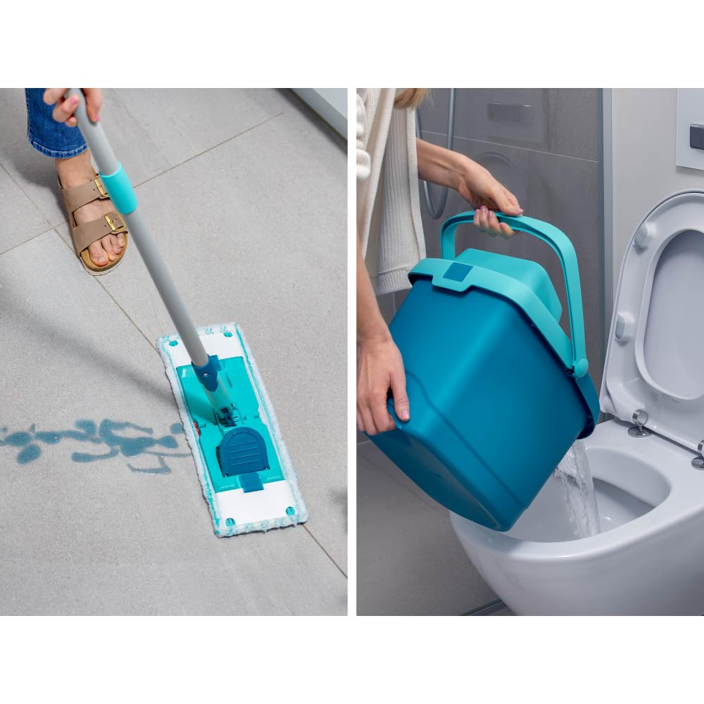 Leifheit Set POWER CLEAN, Wischer für Alle, rückenschonender Bodenwischer mit Reinigungsklingen, Wischtuchpresse zum Auswringen, Wischmopp Set mit Eimer,Wischmopp für alle Hartböden mit Click-System