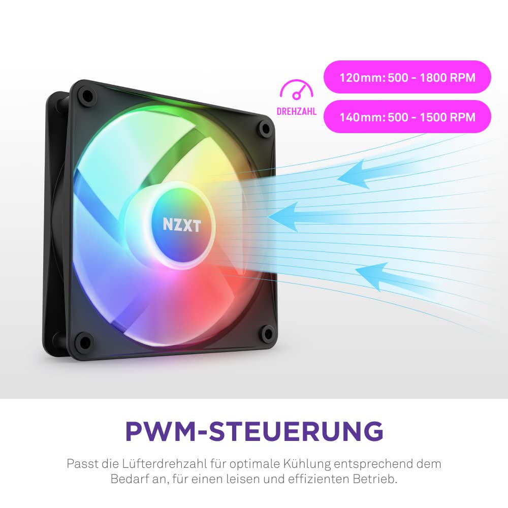 NZXT F120 RGB Core Dreierpackung – 3 × 120 mm nabenmontierte RGB-Lüfter mit RGB-Steuerung – 8 einzeln ansteuerbare LEDs – Halbtransparente Lüfterblätter – PWM-Steuerung – CAM-Software – Schwarz