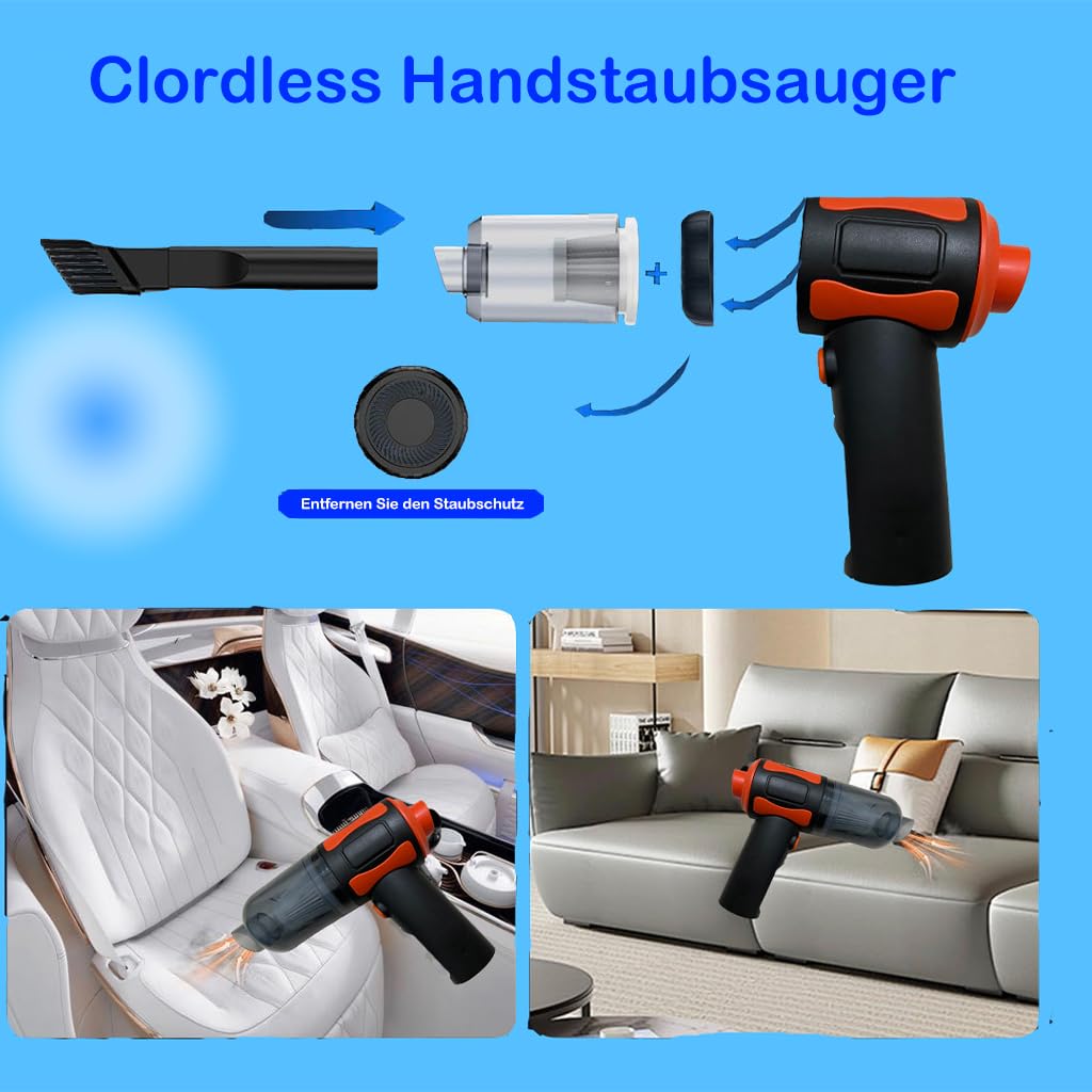 Hqynss Akku Handstaubsauger mit 7000Pa Saugleistung, 3-in-1 Multifunktions Autostaubsauger, Waschbarer Filter, USB Aufladung, Mini Tragbarer Staubsauger für Auto und Zuhause