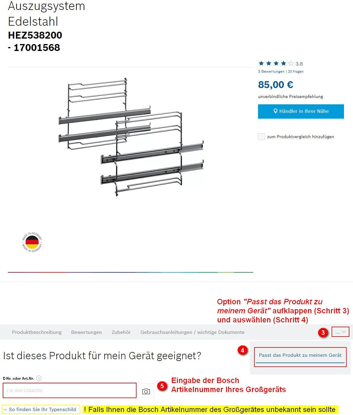 Bosch HEZ538000 Zubehör für Backöfen, Teleskopauszug 1-fach ebenenunabhängig, Edelstahl, Made in Germany