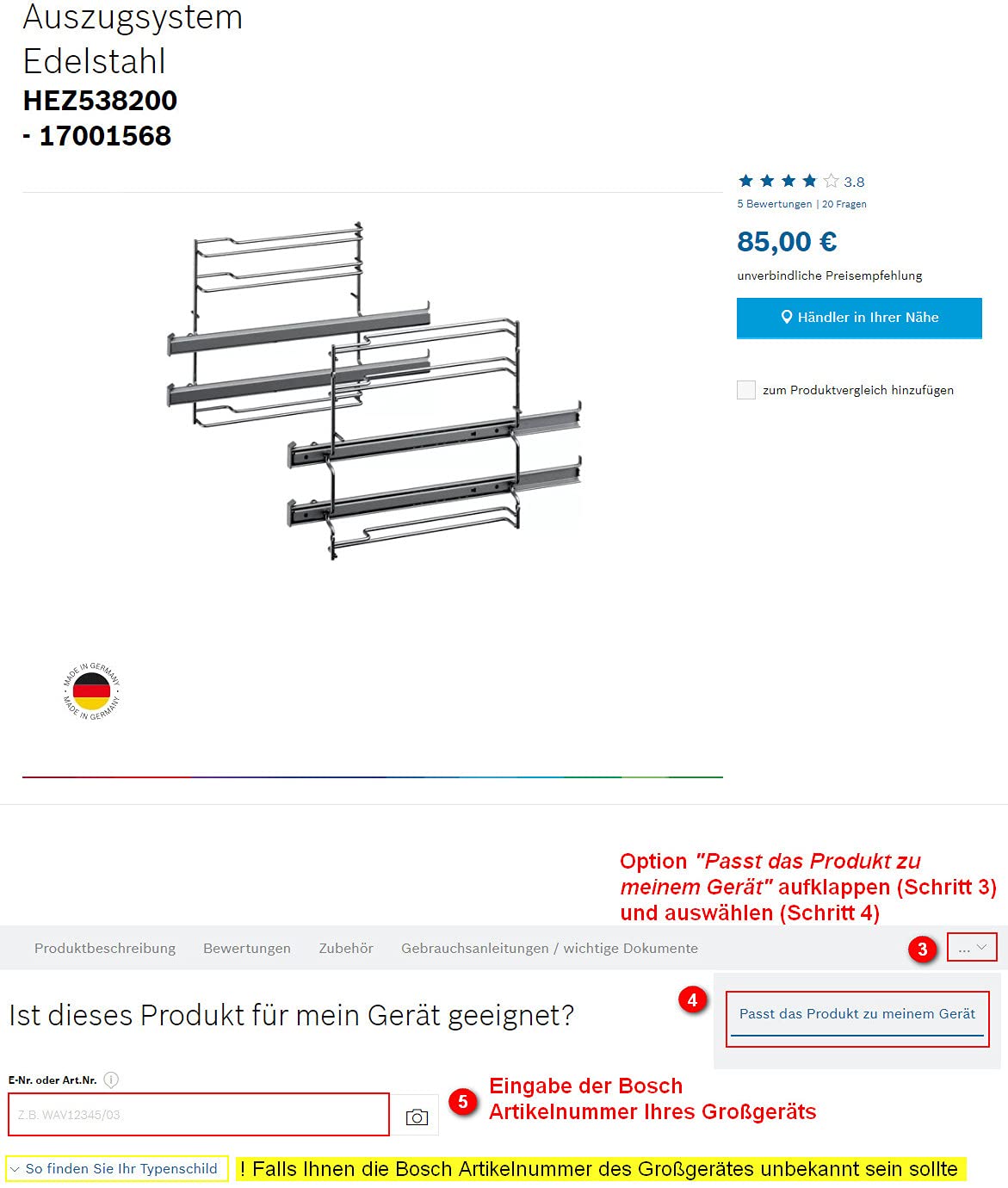 Bosch HEZ538000 Zubehör für Backöfen, Teleskopauszug 1-fach ebenenunabhängig, Edelstahl, Made in Germany