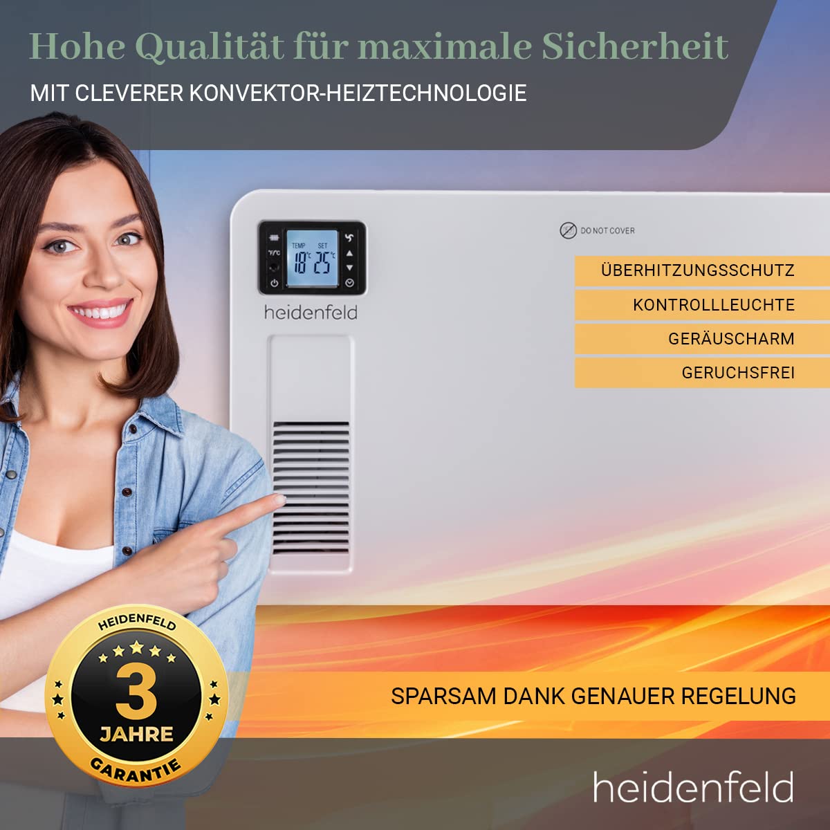 Heidenfeld Elektro Konvektorheizung EK100 | 𝟑 𝐉𝐀𝐇𝐑𝐄 𝐆𝐀𝐑𝐀𝐍𝐓𝐈𝐄 - 2300 Watt - Fernbedienung - Timer - LCD-Display - Heizkörper - Heizgerät - Elektroheizung - Bis 40 m² - Konvektor (EK100)