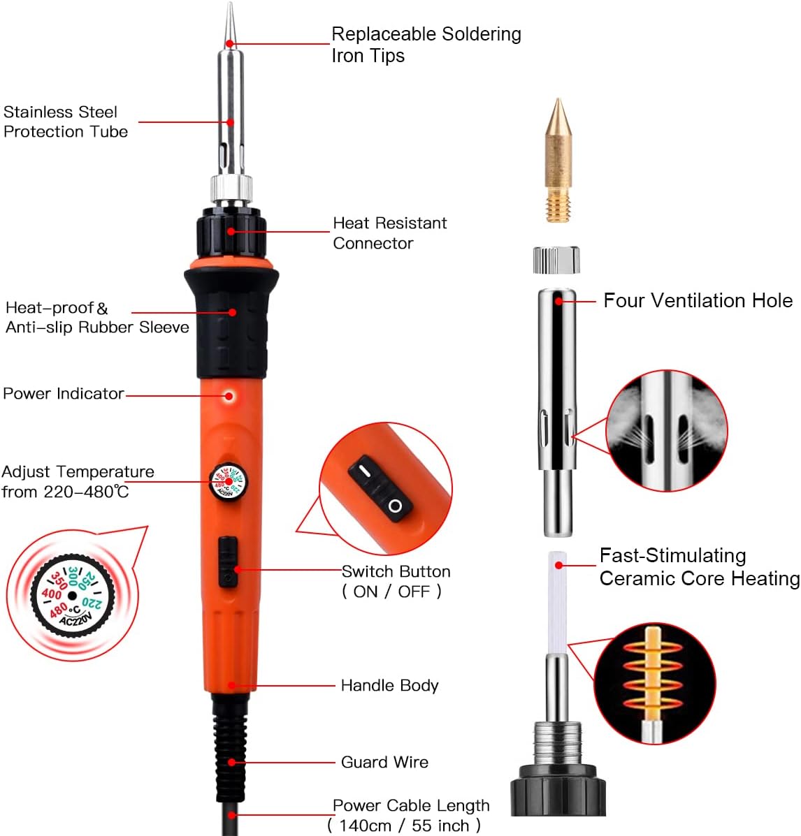 Brandmalerei Lötkolben Set, Brandmalkolben Set Temperatur Einstellbar 220~480 ℃ für Holz Leder Brennkolben DIY Kunst Geschenkset Farbstifte, Leder Gravieren Schweißen, Skulptur Holzbrandmalerei