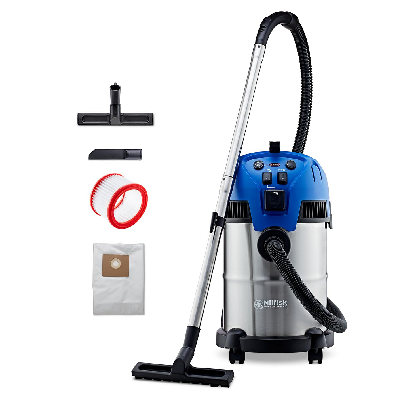 Nilfisk Multi II 30L T Inox Nass-/Trockensauger für Haus, Garten und Auto | Nass- und Trockensauger für die Innen- und Außenreinigung (1400 W)